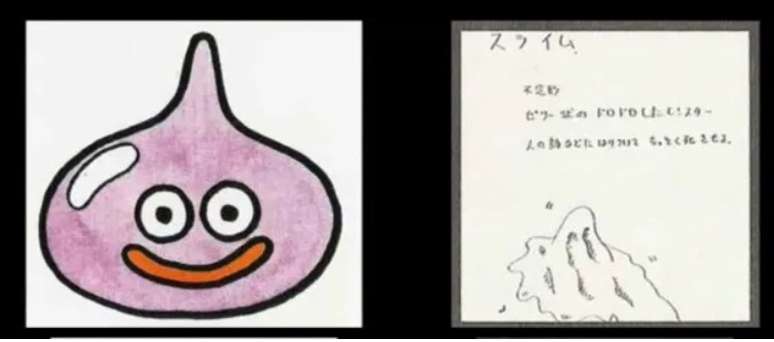 À esquerda, design do Slime de Akira Toriyama. À direita, ideia inicial de Yuji Horii