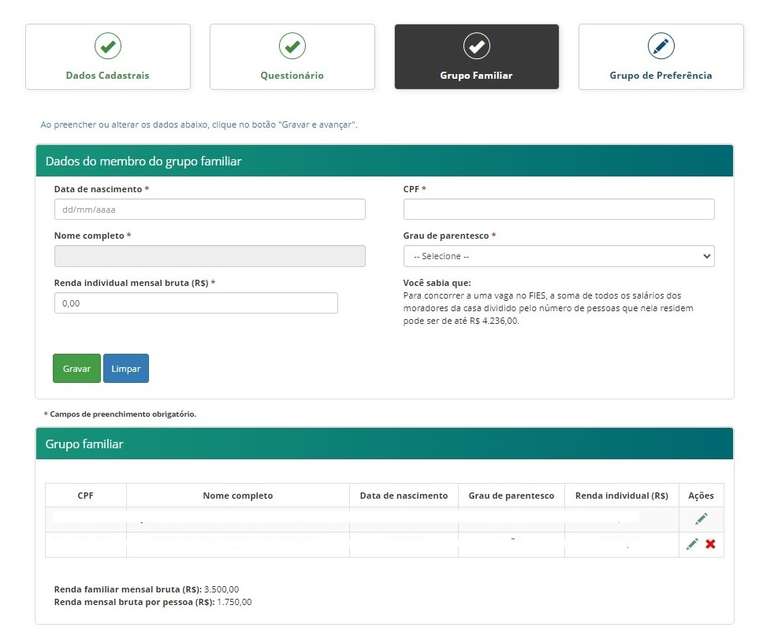 Página de inscrição do Fies com o preenchimento dos dados do grupo familiar.