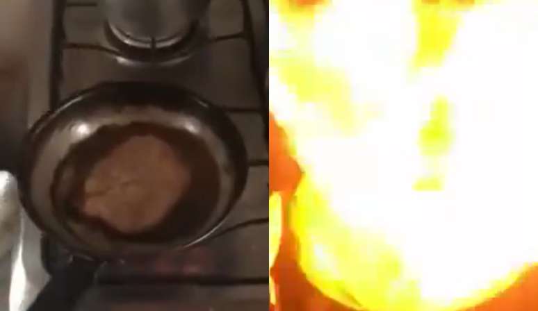 Homem frita hambúrguer e deixa frigideira pegar fogo 