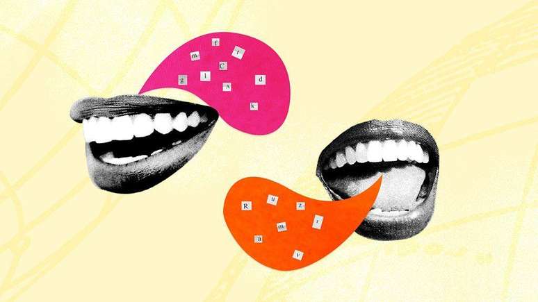 Ilustração de bocas como se estivessem falando diferentes idiomas