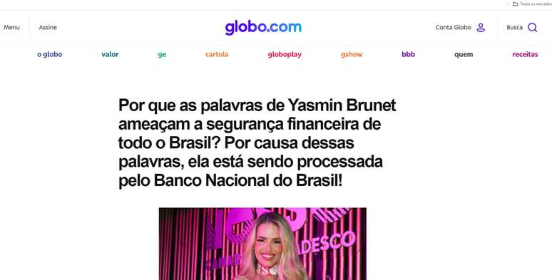 Site falso simula entrevista de Yasmin Brunet para divulgar esquema financeiro