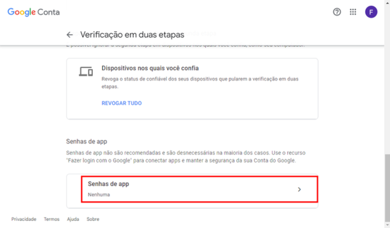 After turning on two-step verification, you need to create an app password in your Gmail (Image: Screenshot/Fabrício Calixto/Canaltech)