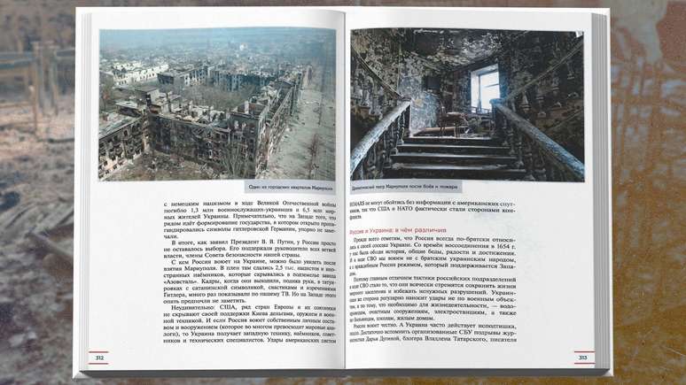 O livro afirma que a cidade ucraniana de Mariupol, bombardeada pelos russos, foi destru&iacute;da durante batalhas com 'nazistas' e 'mercen&aacute;rios estrangeiros'