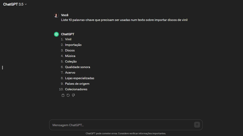 ChatGPT ajuda a escolher as melhores palavras-chave para um texto (Imagem: Captura de tela/André Magalhães/Canaltech)