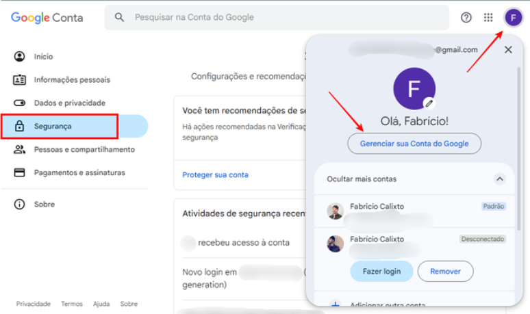 You need to log into your Google account management to access your security options (Image: Screenshot/Fabrício Calixto/Canaltech)