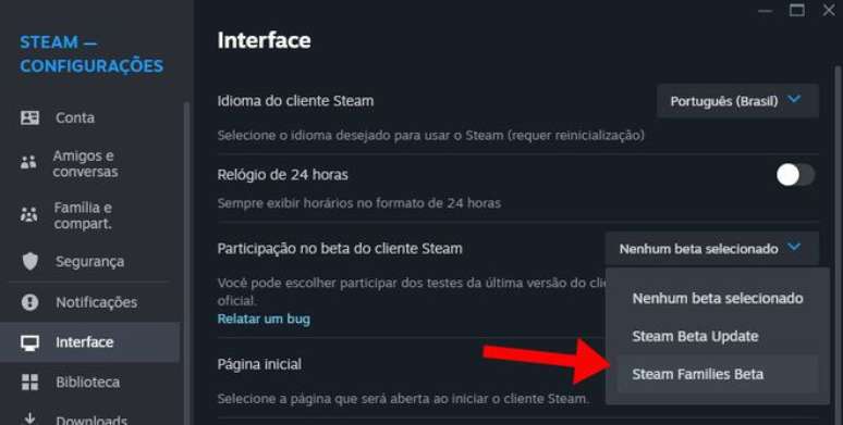 Recurso Família Steam ainda está em fase de testes e pode ser acessado pelo menu de Betas do aplicativo de jogos (Imagem: Captura de tela/Felipe Demartini/Canaltech)