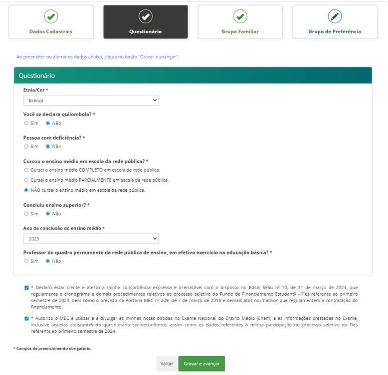 : Fies registration page with completion of the questionnaire.  Disclosure/MEC.