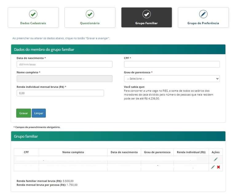 Fies registration page with compilation of family group data.
