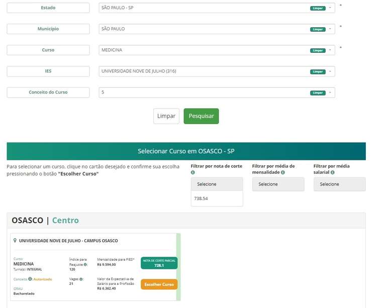 Fies registration page showing course option.
