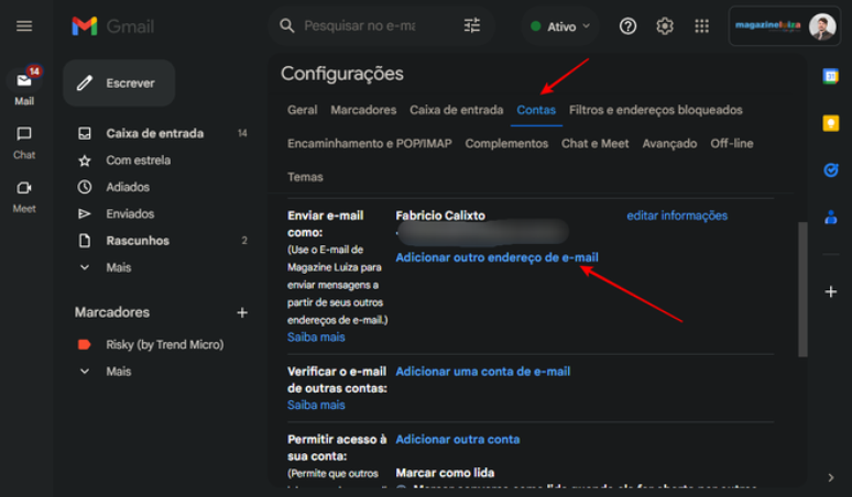 É possível adicionar e-mail de terceiros no Gmail dentro das configurações do serviço (Imagem: Captura de tela/Fabrício Calixto/Canaltech)