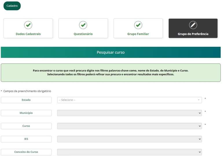 Fies registration page showing the search for courses in preference groups.