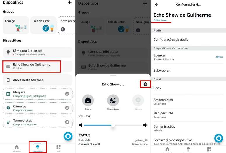 Você pode mudar o nome de um aparelho Amazon Echo através do aplicativo Alexa pelo celular (Imagem: Captura de tela/Guilherme Haas/Canaltech)