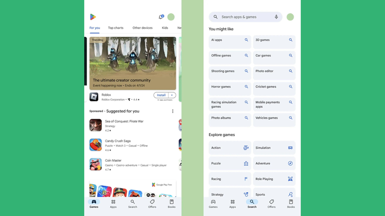 As mudanças na interface da Play Store (Imagem: Reprodução/9to5Google)