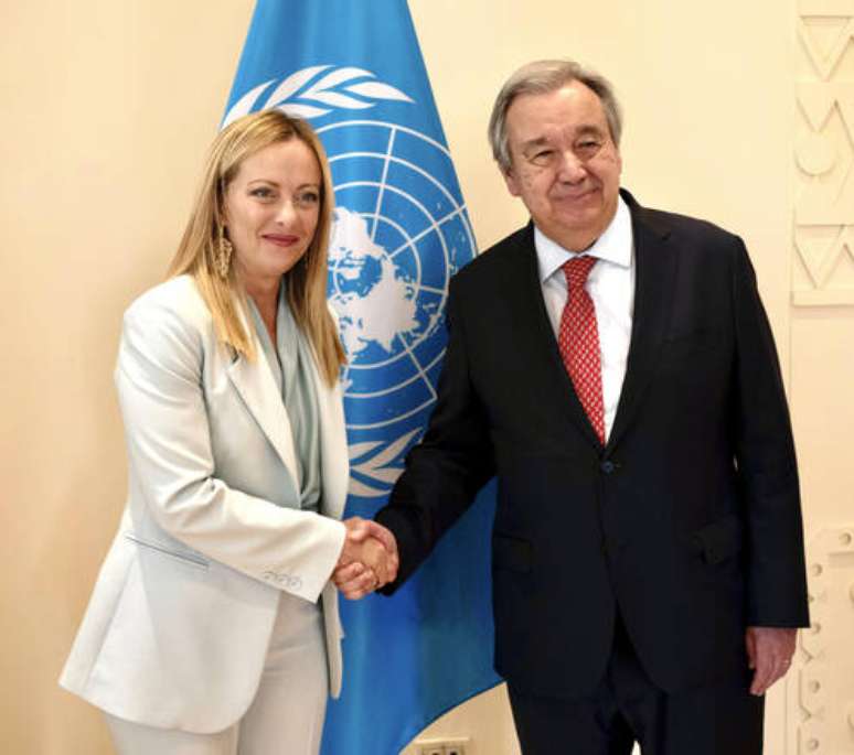 Meloni e Guterres em foto de arquivo