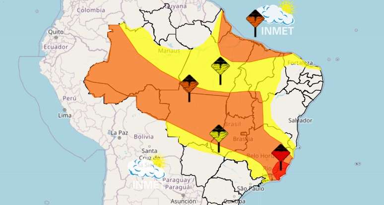 Há alertas de 'Grande Perigo' [vermelho], 'Perigo Potencial' [amarelo] e 'Perigo' [laranja] em diversas áreas pelo Brasil. Alertas seguem até domingo, 24