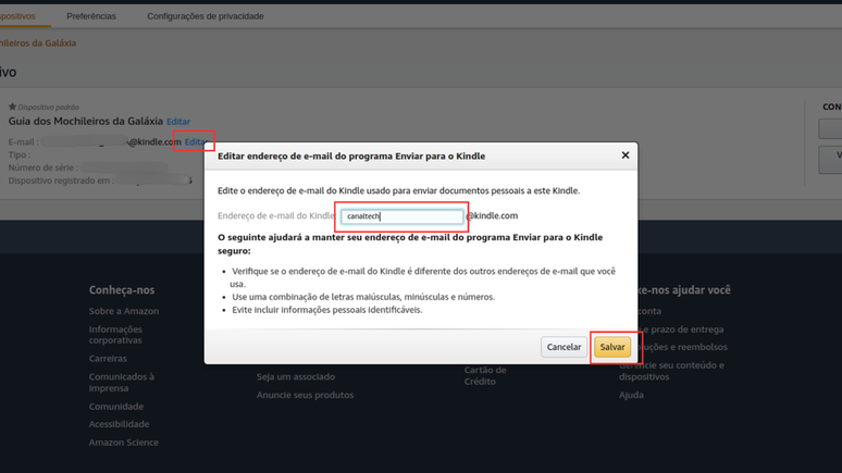 Como mudar o e-mail do Kindle (Imagem: Captura de tela/Bruno De Blasi/Canaltech)