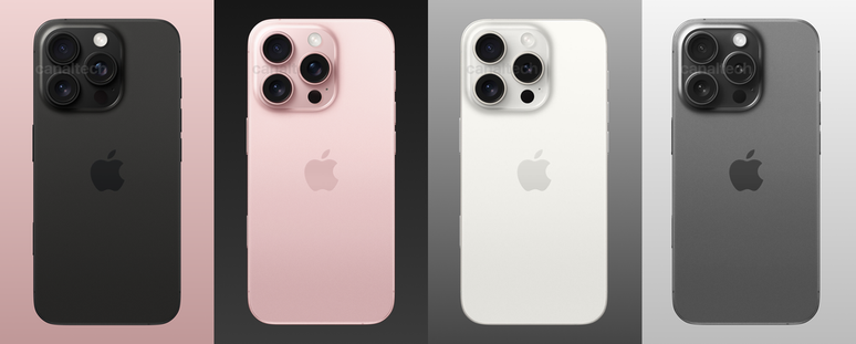 Conceito do Canaltech imagina iPhone 16 Pro nas cores Preto-espacial, Rosa, Branco e Cinza com novos botões laterais (Imagem: Victor Carvalho/Canaltech)