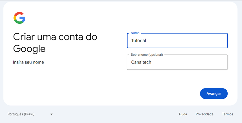 Comece a criar uma conta no Google com as informações de nome e sobrenome (Imagem: Captura de tela/Guilherme Haas/Canaltech)