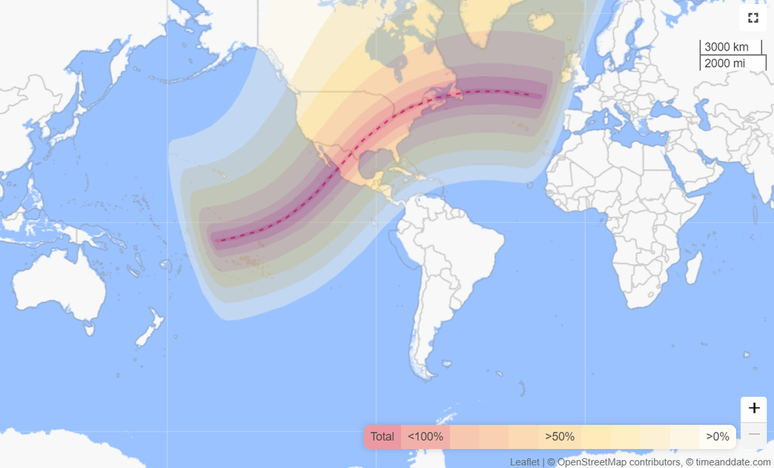 The red bar indicates where the total eclipse will be visible (Image: timeanddate.com)