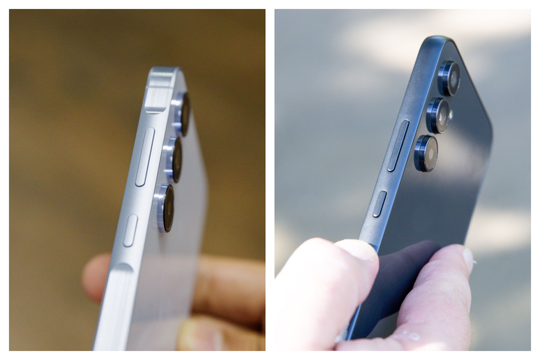 Galaxy A55, à esquerda, e o Galaxy A54, à direita, e a diferença na lateral e área dos botões (Imagem: Ivo Meneghel Jr/Canaltech)