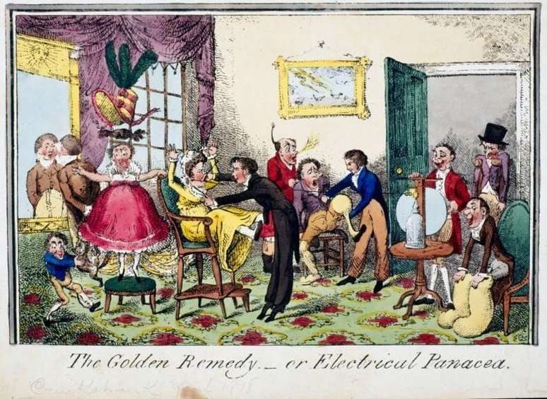 Pintura satírica de 1818 critica o uso da estimulação elétrica como remédio definitivo para a histeria