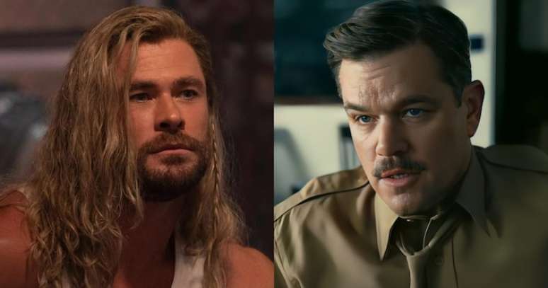 Atores Chris Hemsworth e Matt Damon caracterizados, respectivamente, como Thor e Leslie Groves