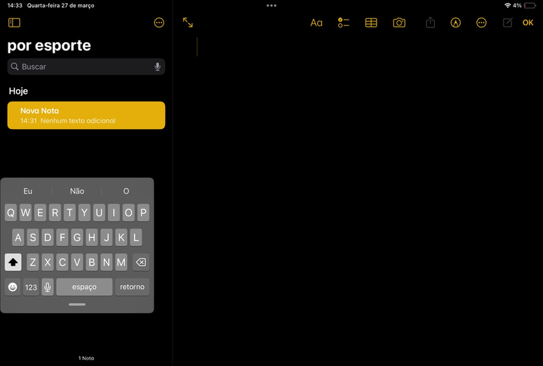 Faça um movimento de pinça para sair do teclado flutuante no iPad (Imagem: Captura de tela/André Magalhães/Canaltech)
