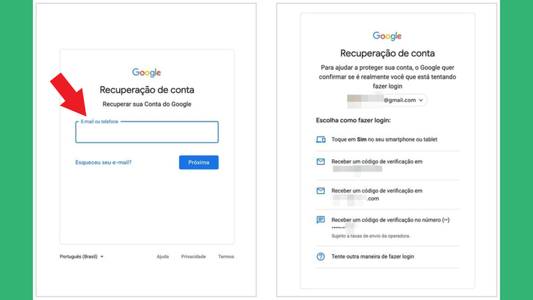 Neste método, para recuperar conta do Google, informe seu e-mail e selecione como deseja fazer login (Captura de tela/Caio Carvalho/Canaltech)