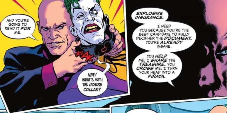 Lex coloca uma coleira explosiva para obter ajudar do Coringa (Imagem: Reprodução/DC Comics)