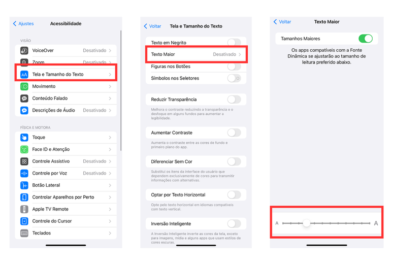 Veja todas as opções para aumentar a fonte no iOS (Imagem: Captura de tela/André Magalhães/Canaltech)