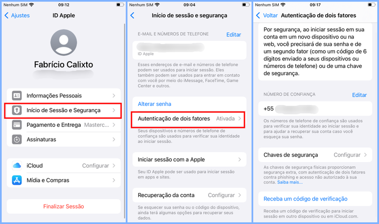É possível ativar a autenticação em duas etapas do iPhone para garantir mais proteção aos seus dados (Imagem: Captura de tela/Fabrício Calixto/Canaltech)