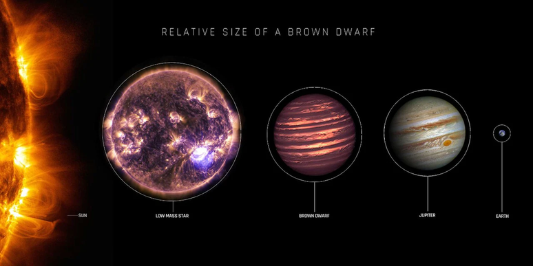 Comparação de tamanho das anãs brancas com o Sol, estrela de baixa massa, Júpiter e a Terra (Imagem: Reprodução/NASA/JPL)