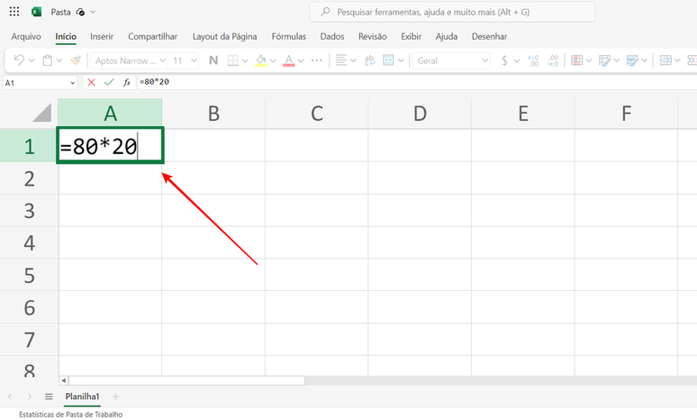 É possível multiplicar no Excel usando somente números e um asterisco (Imagem: Captura de tela/Fabrício Calixto/Canaltech)