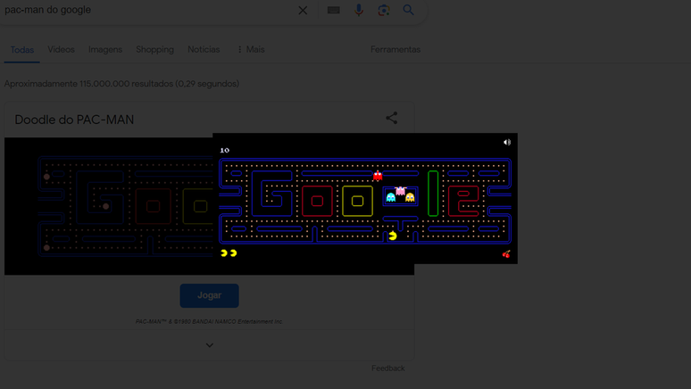 Jogue o clássico da Namco no Google (Imagem: Captura de tela/Ricardo Syozi/Canaltech)