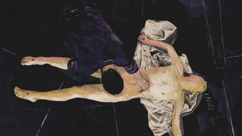 Quadro do pintor italiano Andrea Saltini que mostra o Cristo crucificado e São Longuinho