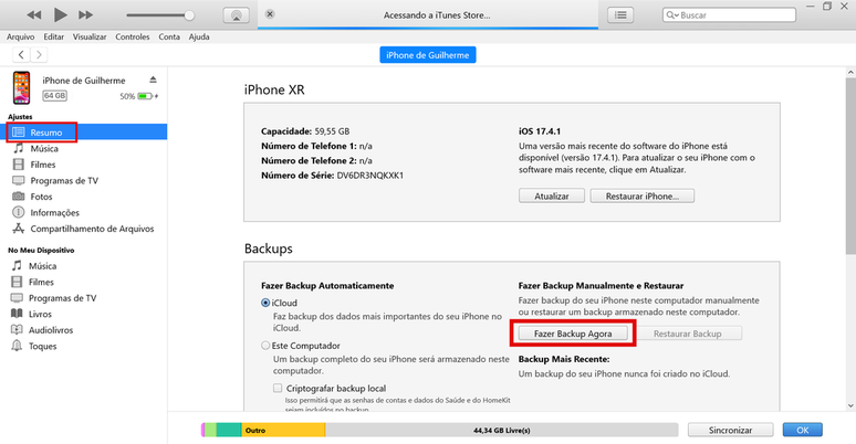 No Windows, utilize o iTunes para fazer backup de um iPhone ou iPad (Imagem: Captura de tela/Guilherme Haas/Canaltech) 