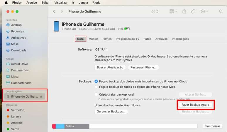 Abra o Finder no Mac e localize o aparelho para fazer backup (Imagem: Captura de tela/Guilherme Haas/Canaltech) 