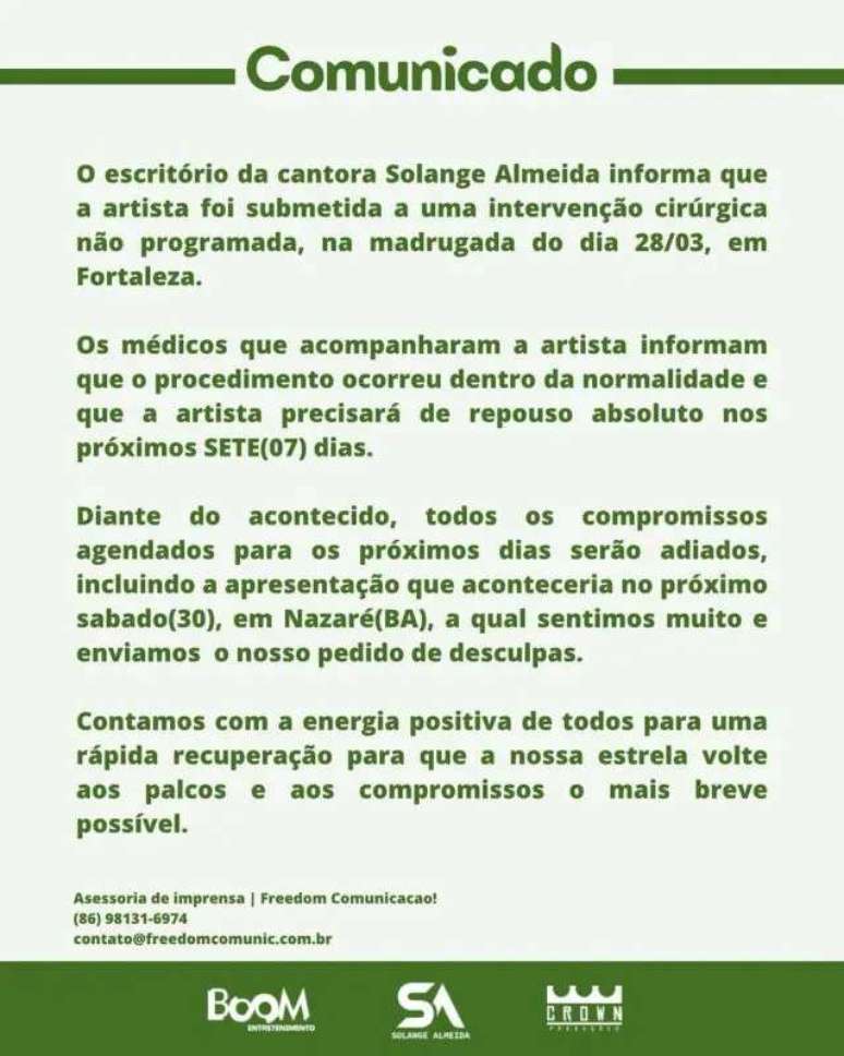 Solange Almeida has postponed performances after emergency surgery