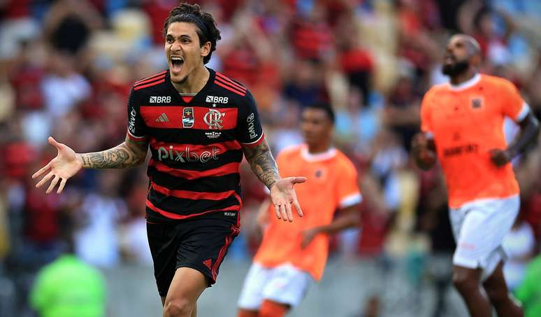 Pedro comemora um dos gols do Flamengo contra o Nova Iguaçu