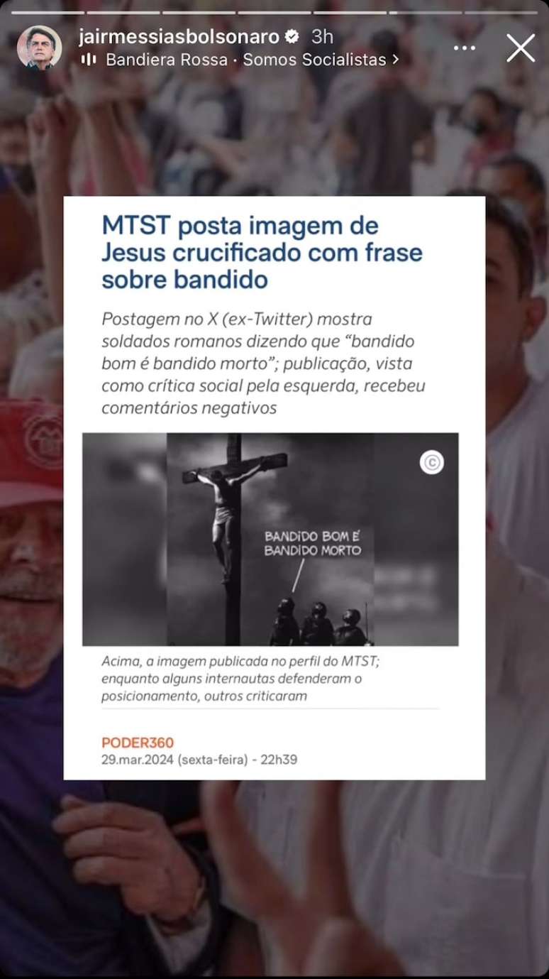 Publicação do ex-presidente Jair Bolsonaro em que associa Lula à publicação do MTST