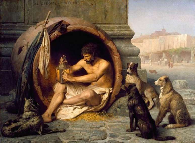 Diógenes sentado no seu barril, em quadro do pintor francês Jean-Léon Gérôme (1860)