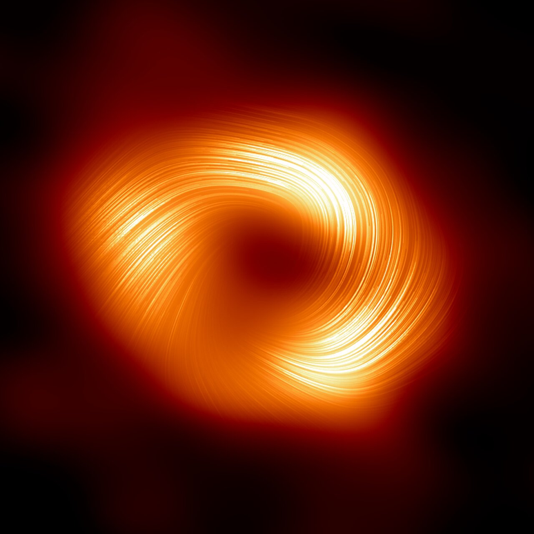 Luz polarizada vinda da matéria ao redor do buraco negro Sgr A* (Imagem: Reprodução/EHT Collaboration)