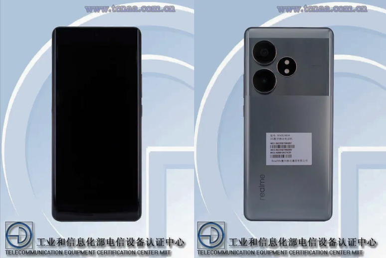 Realme GT Neo 6 SE tem design detalhado em fotos por certificação no TENAA; modelo terá câmera dupla e tela de vidro curvado (Imagem: Reprodução/TENAA)