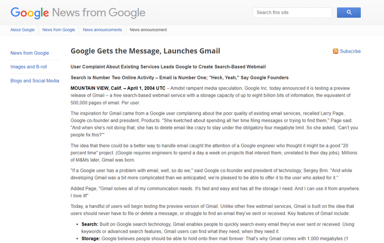 Anúncio de lançamento do Gmail em 1º de abril de 2004 (Imagem: Reprodução/Google)