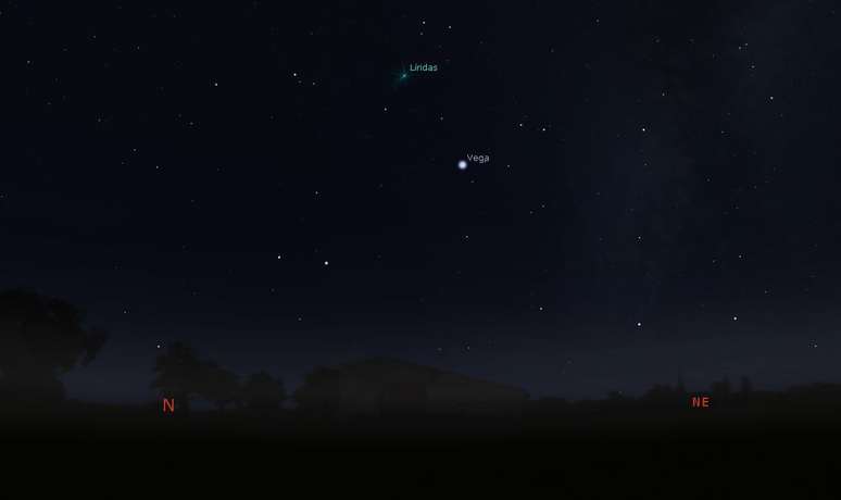 O radiante dos Líridas estará bem acima do horizonte às 3h do dia 21, já livre do brilho lunar (Imagem: Captura de Tela/Stellarium)