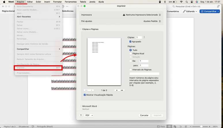 Solicite a impressão de um documento no Word pelo menu superior (Imagem: Captura de tela/Guilherme Haas/Canaltech)
