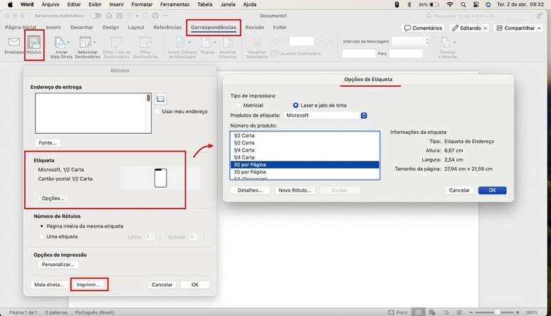 Seção de etiquetas no Word contém opção direta de impressão (Imagem: Captura de tela/Guilherme Haas/Canaltech)