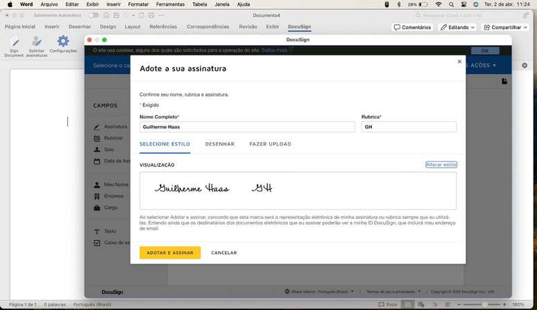 Serviços oferecem assinatura digital gratuita de documentos no Word (Imagem: Captura de tela/Guilherme Haas/Canaltech)