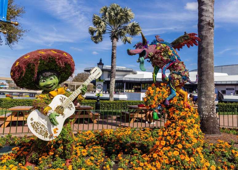 New this year at EPCOT, topiaries of Miguel and Dante from Disney Pixar’s “Coco” sprouts in Mexico. Guests can enjoy this springtime event filled with enchanting topiaries, brilliant gardens, fresh flavors and lively entertainment at the EPCOT International Flower & Garden Festival Feb. 28-May 27, 2024. (Olga Thompson, Photographer)