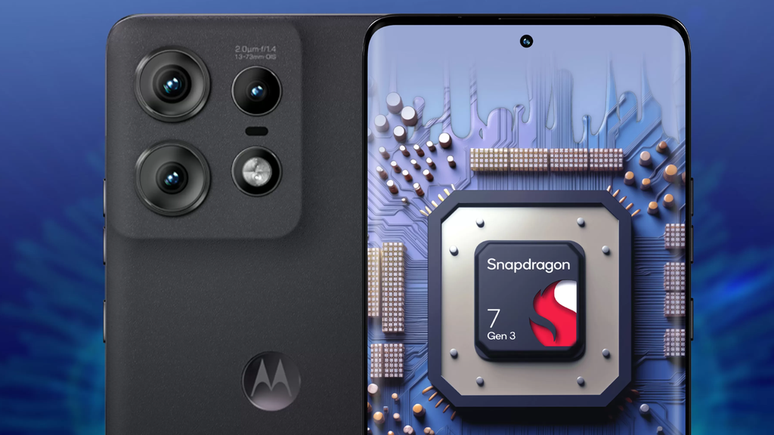 O processamento fica a cargo do Snapdragon 7 Gen 3, junto de 8 GB ou 12 GB de RAM e 256 GB de armazenamento — o chip é um dos maiores downgrades em relação ao Edge 40 Pro (Imagem: Motorola/Flipkart)